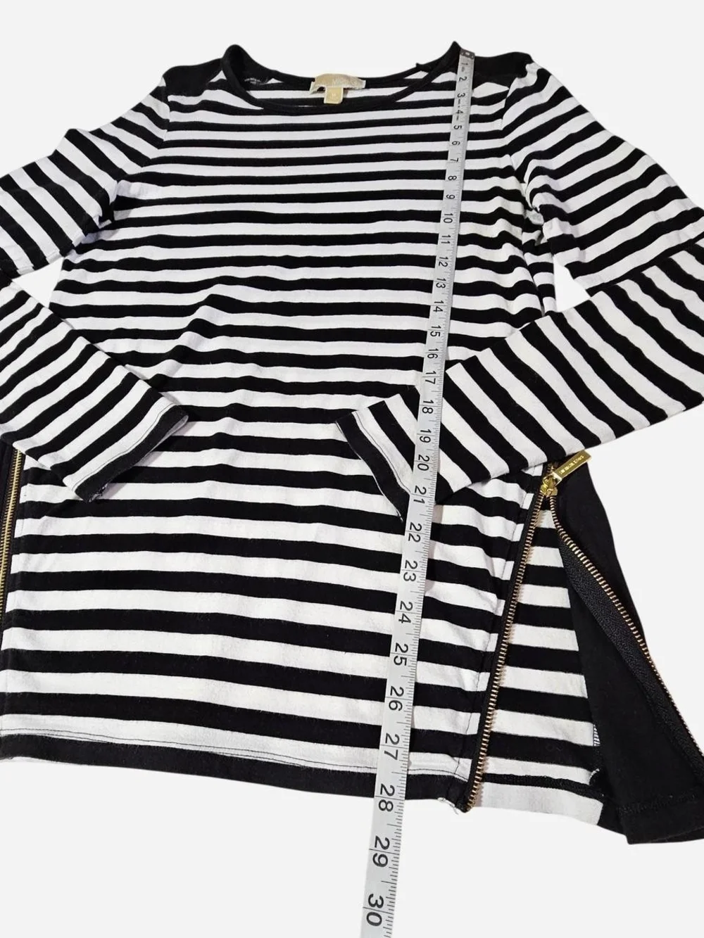 Michael Kors Black and White Striped Crewneck Sweater with Side Zips